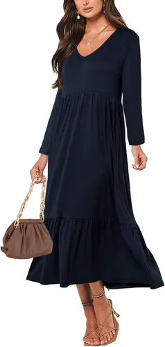 Paintcolors Vestido largo casual de manga larga con cuello en V para mujer, vestido escalonado, color sólido, holgado, con vuelo, vestido midi
