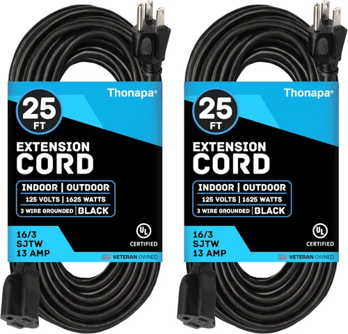 Miniatura 11 de Thonapa Cable de Extensión para Exteriores de 13 Amperios de 6 pies, SJTW 16/3 de 6 pies, Cable de Extensión Negro de 3 Clavijas, Cable