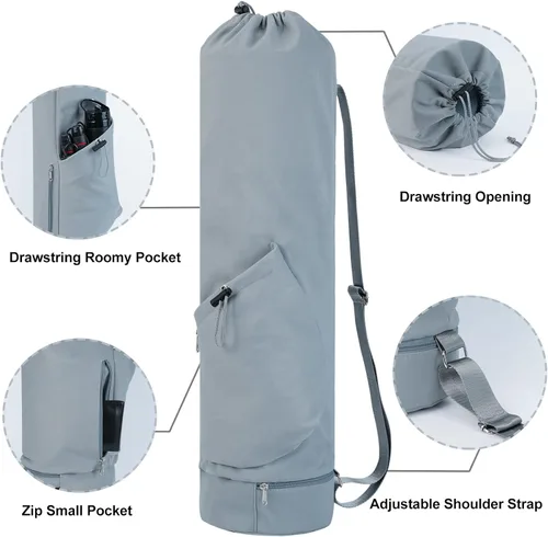 Miniatura 4 de sportsnew Bolsa para esterilla de yoga con bolsillo para botella de agua y bolsillo inferior para artículos mojados, bolsa de transporte para Gris