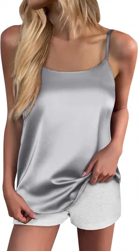 Ekouaer Camiseta sin mangas de seda para mujer, con tirantes delgados, de satén, básica, cuello redondo, espalda en Y, sedosa, tallas S-XXL