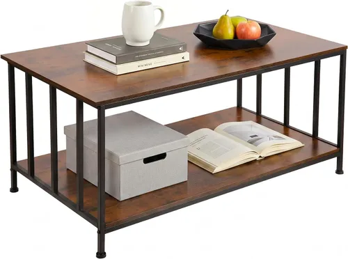 Miniatura 9 de SENIG Mesa de café pequeña rectangular marrón de madera y metal con estante de almacenamiento para salas de estar pequeñas