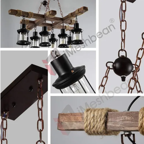 Miniatura 4 de iMeshbean Lámpara colgante de madera industrial de 8 luces, lámpara de techo para cocina, bar, mesa de billar