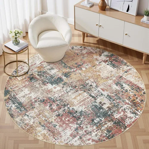 Miniatura 27 de Tortania Alfombra redonda lavable de 5 pies para sala de estar: Alfombra moderna abstracta neutra grande suave y delgada – Alfombra antideslizante