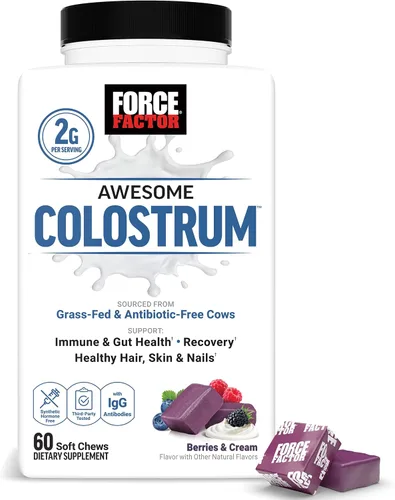 Suplemento de calostro impresionante Force Factor, bayas y crema, 60 masticables suaves | Bovine Colostrum with Biotin, Grass-Fed, Antibiotic-Free,