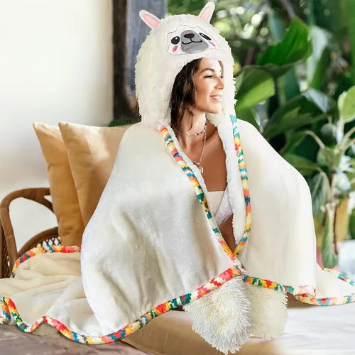 Miniatura 8 de Manta con Capucha de Llama Alpaca Usable para Adultos – Mullida Súper Suave Cálida Acogedora de Franela de Felpa y Sherpa Sudadera con Capucha Manta