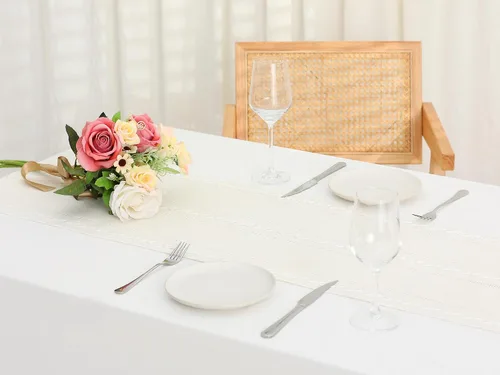 Miniatura 5 de uxcell Paquete de 1 camino de mesa rústico, caminos de mesa de granja con borlas, camino de mesa rústico para comedor, fiesta, boda, 13 x 63 Beige