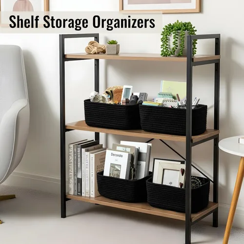 Miniatura 4 de Paquete de 8 cestas de almacenamiento pequeñas para organizar, cubos de cuerda tejida para baño, armario, organizador de estantes, bonita caja Negro