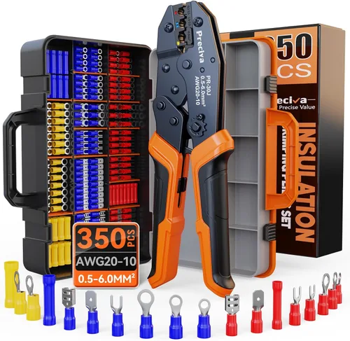 Preciva Juego de herramientas de crimpado aislado con estuche de almacenamiento, kit de crimpadora de alambre de trinquete con 350 terminales (rojo,
