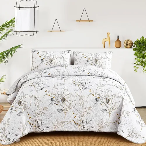 Miniatura 13 de Anibedding Juego de edredón azul tamaño King, 3 piezas reversible, elegante patrón de hojas botánicas azules, colcha de microfibra suave para toda