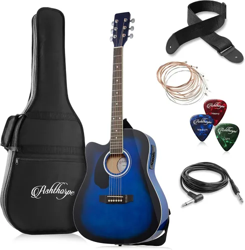 Miniatura 12 de Ashthorpe Paquete de guitarra acústica-eléctrica de tamaño completo para zurdos Dreadnought Cutaway, Tonewoods premium, color negro