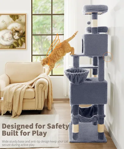Miniatura 6 de AMHANCIBLE PT18GY - Árbol para gatos, torre para gatos de interior de 70 pulgadas de alto, árbol para gatos de varios niveles con poste rascador