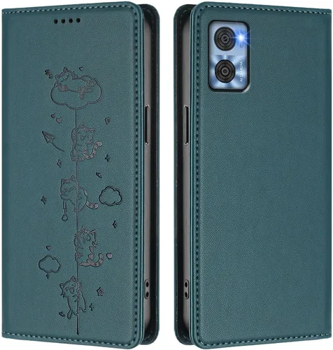Miniatura 16 de Wallet Phone Case for Moto E22 4G Cover, Playful Cat PU Leather Phone Cover with 2 Card Slots & Hidden Flip Kickstand, TPU Shockproof Protective