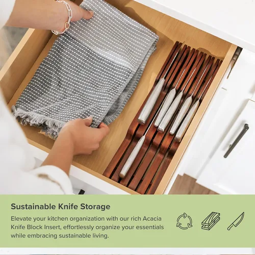 Miniatura 5 de KitchenEdge Organizador de madera de acacia para cuchillos de cocina, capacidad para 5 cuchillos largos + 6 cortos (no incluidos), se adapta a