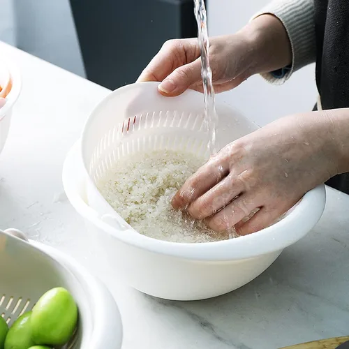Miniatura 3 de Cesta de drenaje doble Verduras Cesta de frutas giratorio Arroz Lavabo Colador de cocina Colador Colador (blanco)