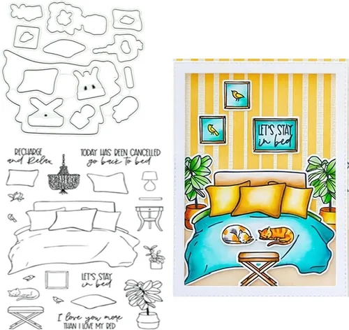 Juego de sellos y troqueles transparentes de cama y gato para hacer tarjetas, plantillas de corte troquelado para álbumes de recortes, álbum de