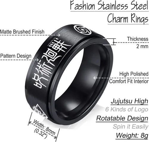Miniatura 6 de AntDear Jujutsu Kaisen - Anillo de anime para hombres, anillo giratorio de acero inoxidable negro, mercancía de joyería de anime, Acero inoxidable