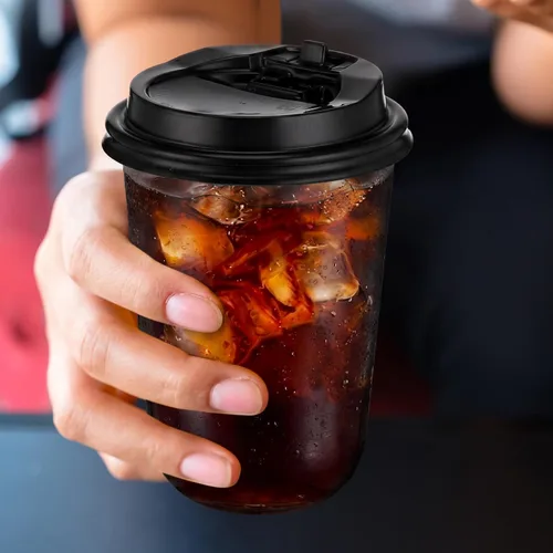 Miniatura 5 de Baderke Juego de 50 vasos de plástico negros con tapas, tazas de café helado con tapas, vasos de plástico desechables para bebidas frías, tapa