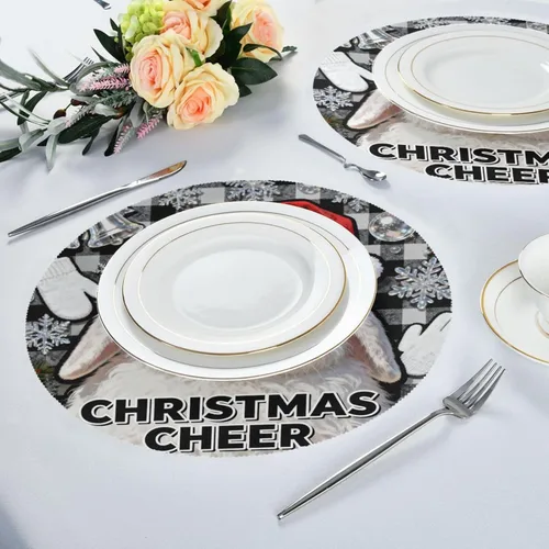 Miniatura 6 de Rabbit Merry Christmas Black Plaid Natural placemats Round Waterproof placemats for Kitchen Table Set of 4 15x15 in manteles para comedor
