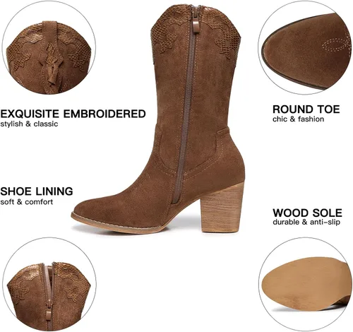 Miniatura 4 de SHIBEVER Botas vaqueras vaqueras para mujer botas de tacón alto Western Country Botas de gamuza con cremallera a media pantorrilla