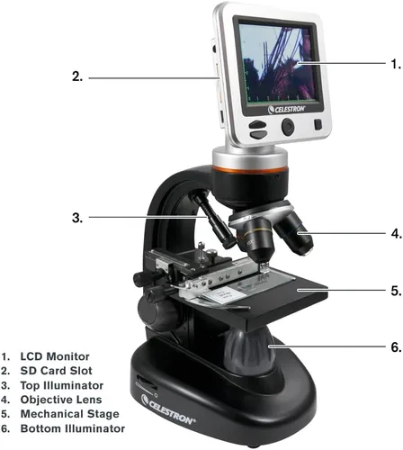 Miniatura 9 de Celestron – Microscopio digital LCD II – Pantalla de 3.5" – Cámara de 5MP – Aumento de 40x–1600x – Cabezal giratorio – Tarjeta SD incluida – Salida