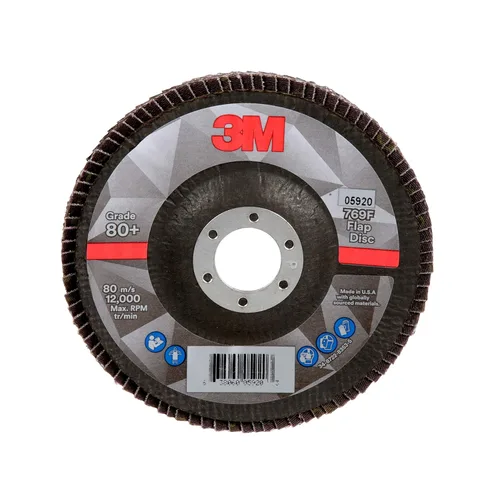 Miniatura 41 de 3M Disco de Solapa 769F, Tipo 27, 80+, 4-1/2 in x 7/8 in, Abrasivo de Alto Rendimiento, Disco de Rectificado y Acabado de Grano Cerámico