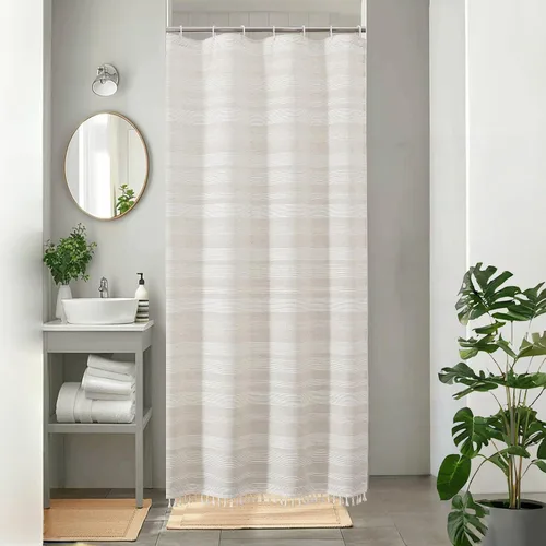 Miniatura 13 de OVZME Cortina de ducha bohemia negra, cortina de ducha estrecha de tela suave a rayas de lino texturizado con borla, moderna decoración de baño