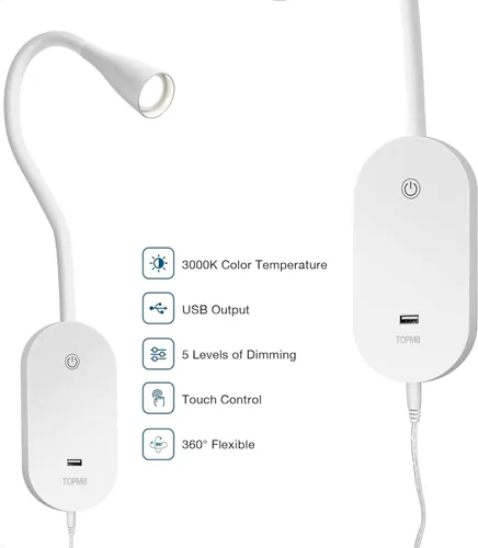Miniatura 4 de Luz de lectura de pared para libros en la cama, lámpara de pared de cabecera con salida USB, lámpara de lectura regulable con 5 controles táctiles