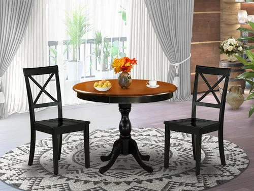 Miniatura 2 de East West Furniture AMBO3-BCH-W Juego de mesa y sillas de cocina de 3 piezas contiene una mesa de comedor redonda con pedestal y 2 sillas de asiento