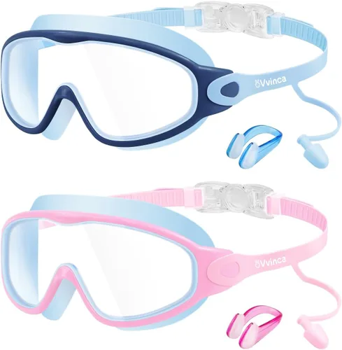 Miniatura 9 de Vvinca Gafas de natación para niños, con tapones para los oídos y clip para la nariz, visión amplia, antivaho y UV, para niños y niñas de 3 a 15 años