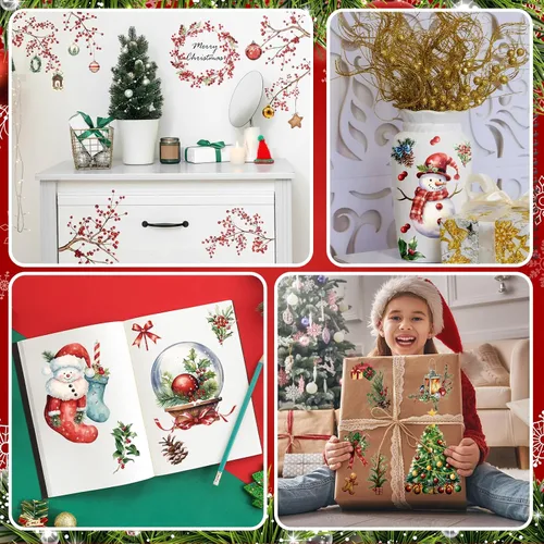 Miniatura 6 de SATINIOR 16 hojas de calcomanías de Navidad para manualidades y muebles, calcomanías de árbol de Navidad, muñeco de nieve, bayas rojas, calcomanías