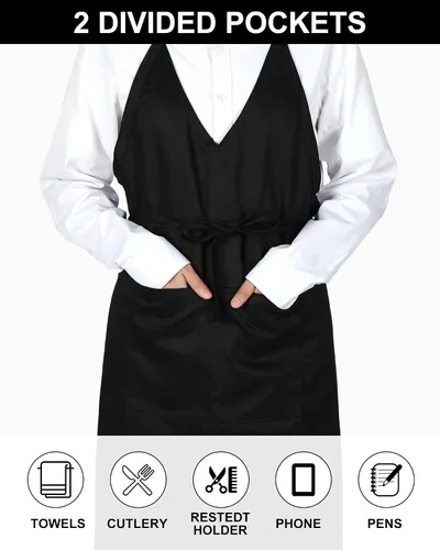 Miniatura 4 de Liitrsh 5 delantales unisex con cuello en V, 2 bolsillos, delantales de esmoquin ajustables negros con lazo largo en la cintura, delantal formal