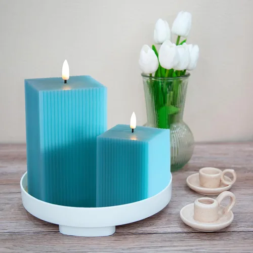 Miniatura 6 de Velas sin llama azul turquesa con control remoto, velas LED cuadradas acanaladas que funcionan con pilas, juego de 2 velas de cera real parpadeante