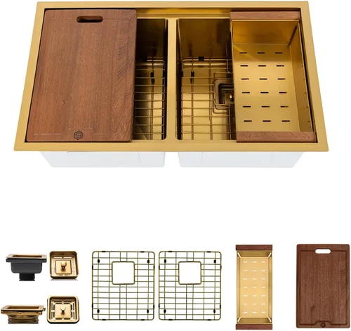 Miniatura 8 de Strictly Sinks - Fregadero de cocina dorado de 32 pulgadas, resistente a arañazos y manchas, rejilla inferior de doble tazón de calibre 16, tabla