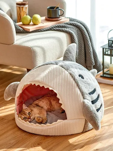 Miniatura 2 de QWINEE Alfombrilla para Gatos en Forma de Tiburón Caseta Cama para Gatitos Refugio Casa Cálida Suave Cómoda Semi-Cerrada Nido para Gatos y Perros