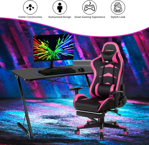 Miniatura 4 de Tangkula Escritorio para computadora de juegos, mesa de computadora en forma de Z con luces LED y gran superficie de fibra de carbono, estación