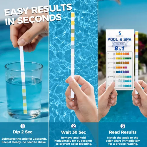 Miniatura 4 de Tiras de prueba 8 en 1 para piscina y spa, tiras selladas individualmente (10 paquetes de 10) para bañera de hidromasaje y piscina, pruebas precisas