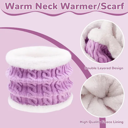 Miniatura 5 de Juego de 3 piezas de gorro de invierno para niños, bufanda y guantes para niños de 2-6-10-14 años, conjuntos de punto grueso y cálido con forro
