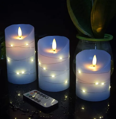 Miniatura 2 de DANIP - Vela LED sin llama azul cielo, con cuerda de estrella integrada, juego de 3 velas LED, con control remoto de 11 botones, función de Sky