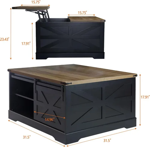 Miniatura 2 de Mesa auxiliar con tapa elevable, mesa de centro cuadrada de madera con puerta corrediza de granero y estante ajustable, mesa central rústica