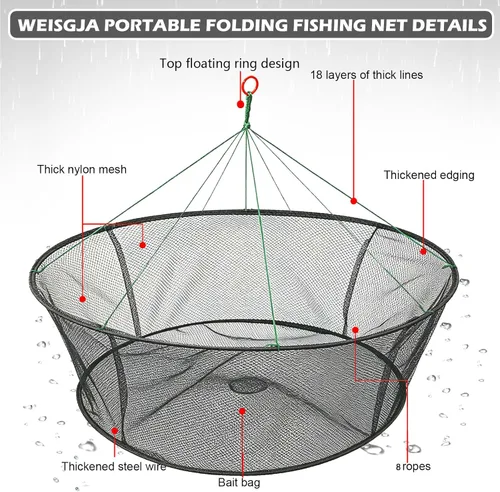 Miniatura 5 de Red de Pesca Plegable Portátil, Red para Cangrejos con Cuerda de Pesca, Jaula de Lanzamiento Manual para Cangrejos, Red de Malla Plegable para Pesca