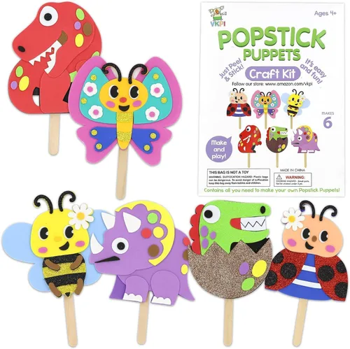 VKPI Haz 6 marionetas de palillos para niños, manualidades de espuma, juguetes de tiempo de cuentos para niños mayores de 4 años, dinosaurios,