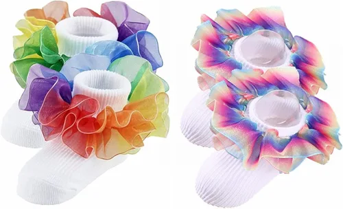 Hopply Toddler Girls Double Lace Socks Turn Cuff Shimmering Big Ruffle Rainbow Style Dress Lace Socks for Infant Kids