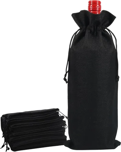 Shintop 10 bolsas de vino de yute, 14 x 6 1/4 pulgadas, bolsas de regalo de botella de vino de arpillera con cordón para fiestas, regalos de Negro