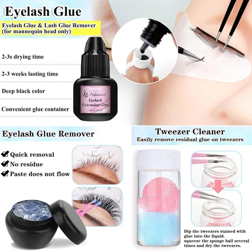 Miniatura 3 de Kit de extensión EyeLash para principiantes, kit profesional de práctica de extensión de pestañas con todo, cabeza de maniquí, pegamento de pestañas