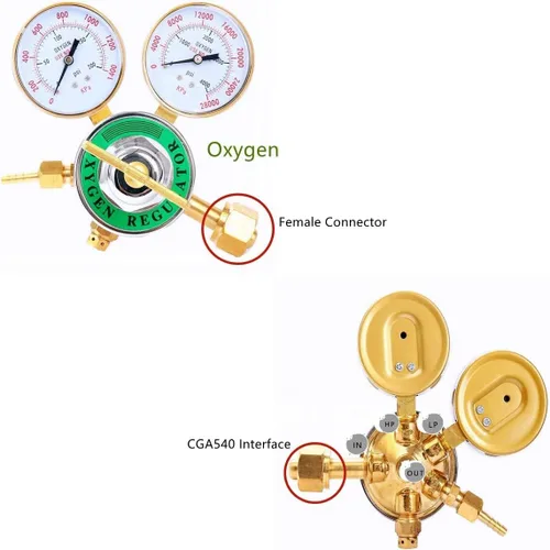 Miniatura 5 de 2 reguladores de gas de soldadura duales, oxígeno (CGA-540) y acetileno (CGA-510) Combo de medidores de latón de dos piezas compatible con kits