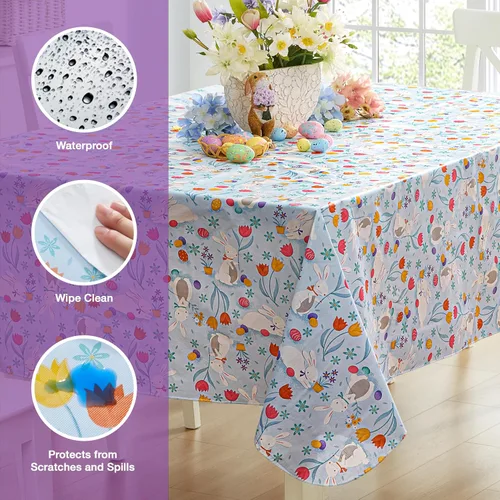 Miniatura 3 de Newbridge Blue Easter Cotton Tail Bunny Party 52 x 52 inch Square Vinyl Tablecloth with Flannel Backing, Bunny Rabbit, Easter Eggs and Floral Design