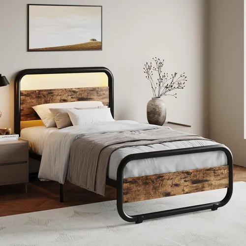 Miniatura 3 de Catrimown - Marco para cama individual con luces LED, marco de cama plataforma individual resistente de metal rústico con cabecera de madera