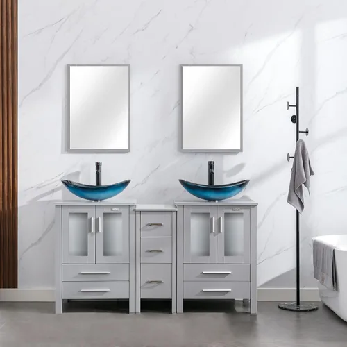 eclife Lavabo de baño moderno de 60 pulgadas con gabinete lateral pequeño, fregadero de vidrio azul para barco, grifo de ahorro de agua, drenaje