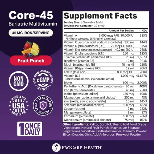 Miniatura 2 de Procare Health Multivitamínico bariátrico con hierro 45 mg masticable (90 tabletas) – Píldoras masticables multivitamínicas bariátricas sabor ponche