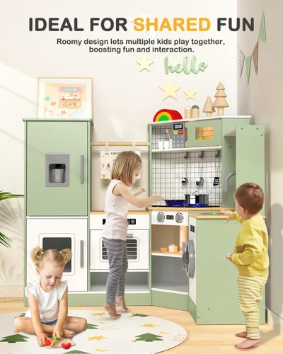 Miniatura 2 de Babytronic Juego de Cocina de Esquina de Madera para Niños con Luces y Sonidos, Juego de Cocina de Simulación con Estufa, Microondas, Máquina